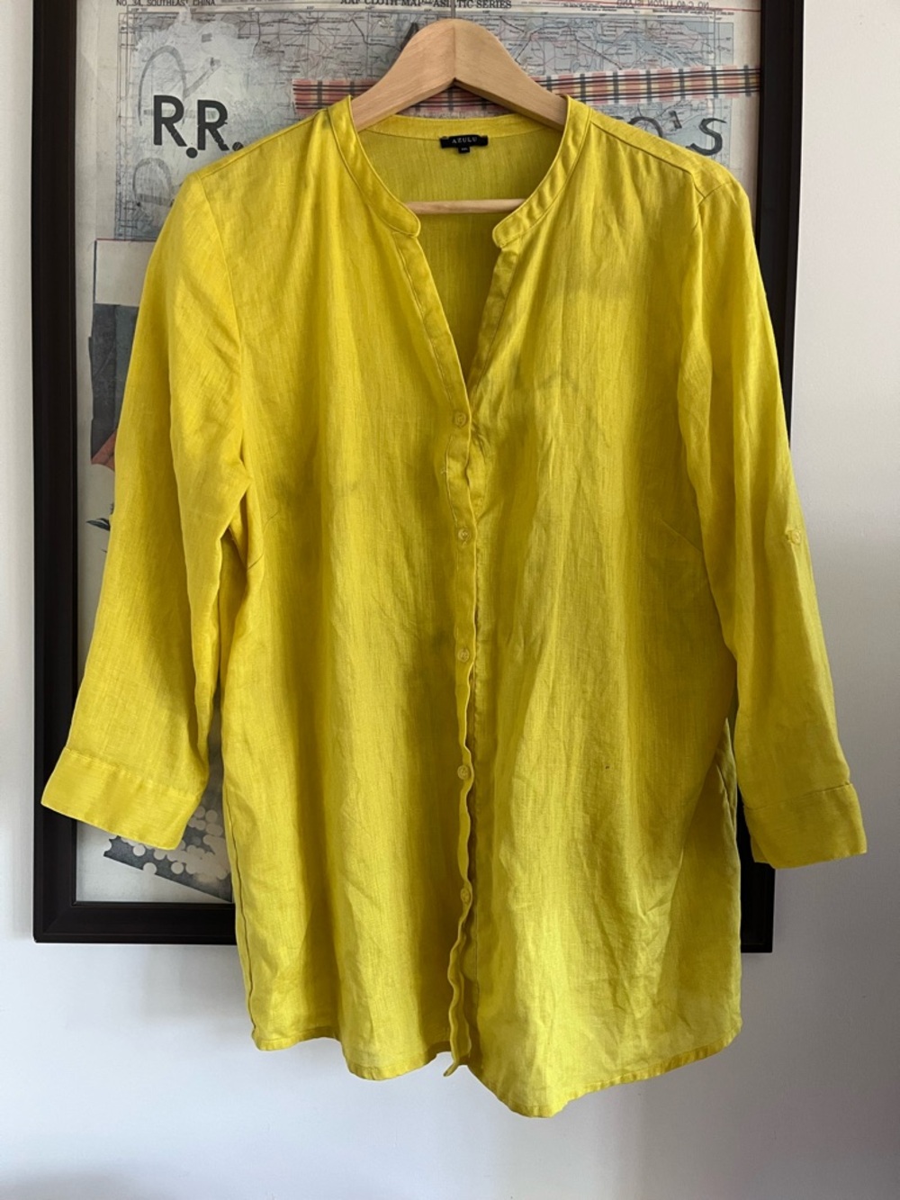 Azulu Columbian Designer 100% Linen Lemon Yellow V-Neck Button-Down Blouse L XL